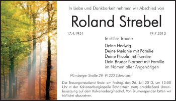 Traueranzeige von Roland Strebel von Pegnitz-Zeitung